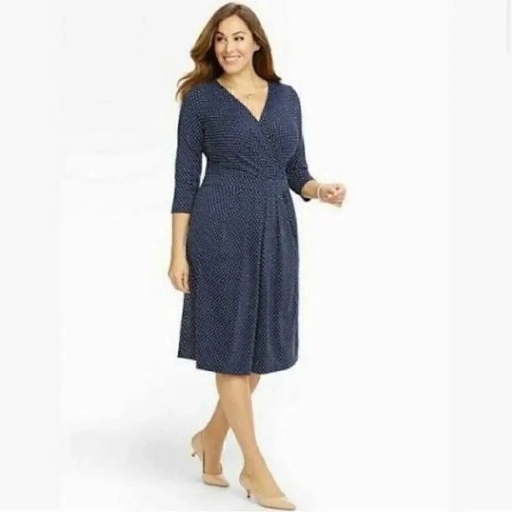 Talbots Polka Dot Faux Wrap Stretch Dress Size 2 Petites Navy Blue